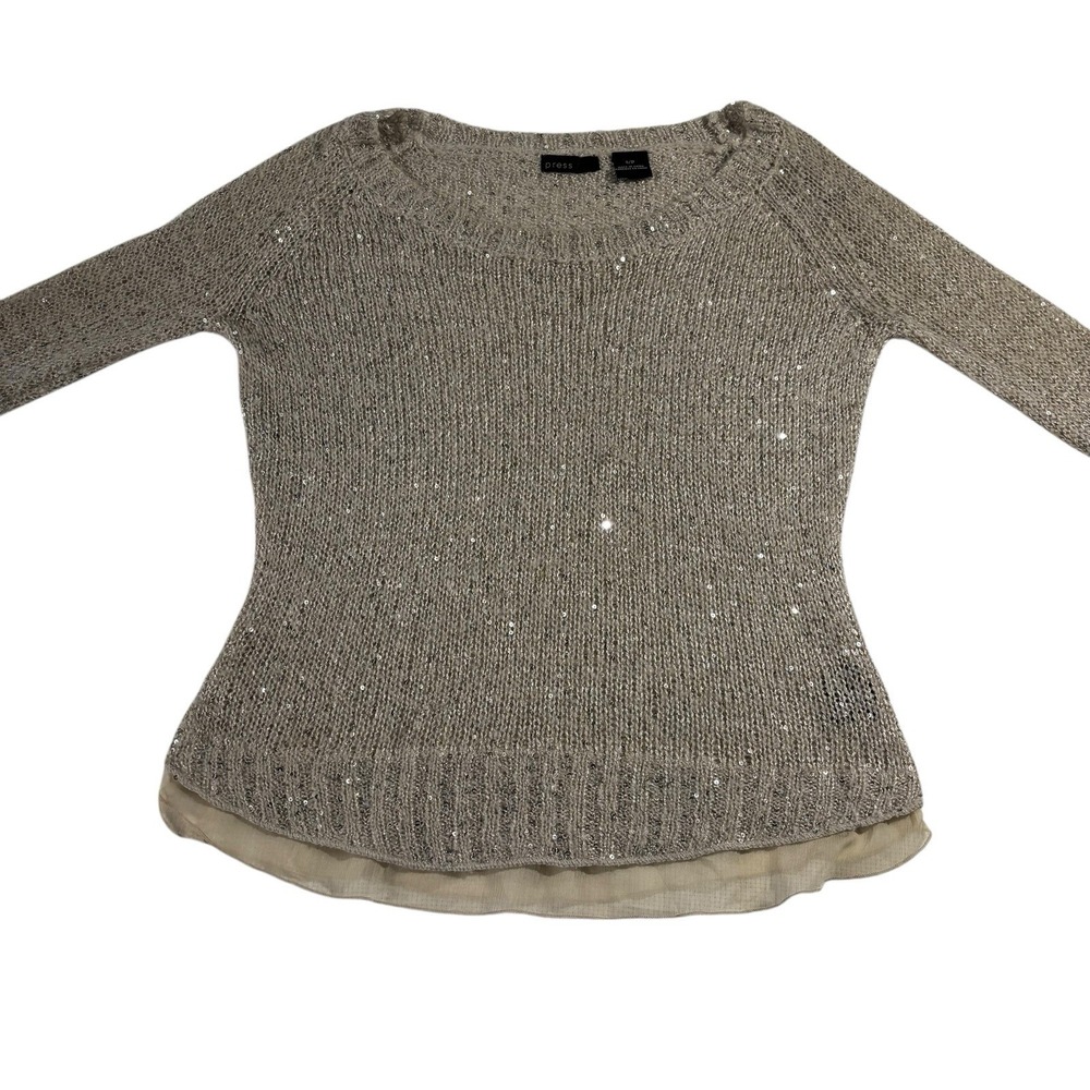 Press‎ Women's Gray Cream Sparkle Pullover 3/4 Sleeve Sweater Poly Acrylic Small